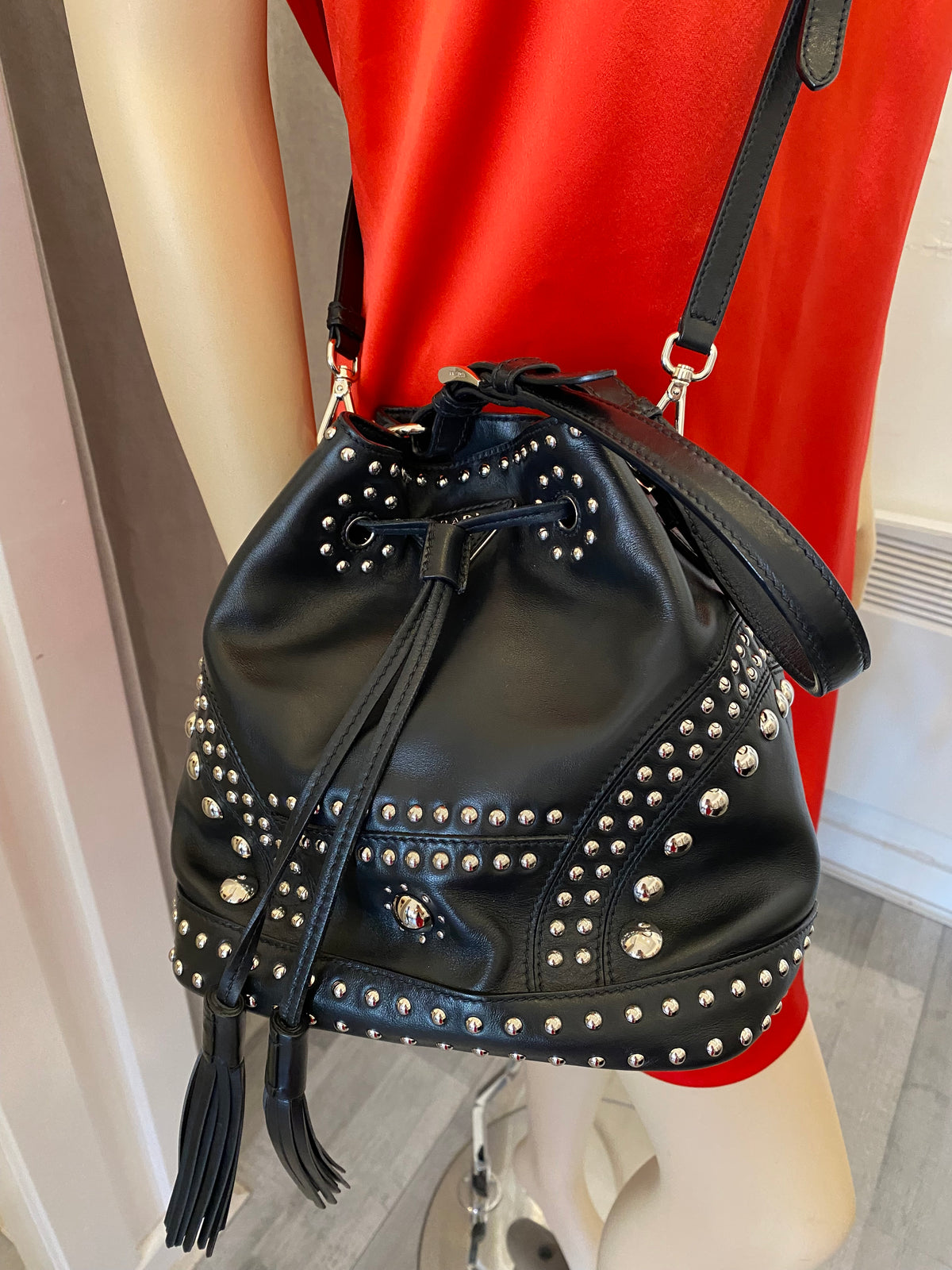 Pre loved Prada Black Leather Studded Bucket Bag excellent Twice Loved Pre Loved Consignment Fashion