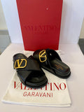 Pre Loved Valentino V Logo Buckle Black Leather Sandals uk5, fit uk 5.5  (excellent)