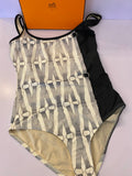 Pre Loved Hermes Black, Cream & Grey Buckle Swimsuit UK 10 (excellent)