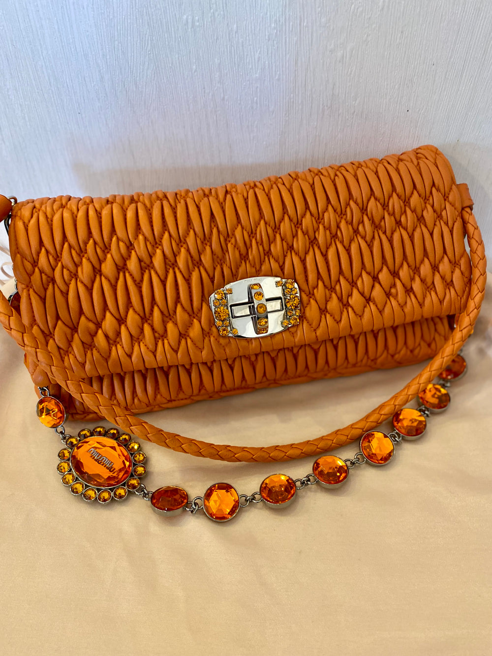 Preloved Miu Miu Orange Leather Matelassé Clutch / Shoulder Bag