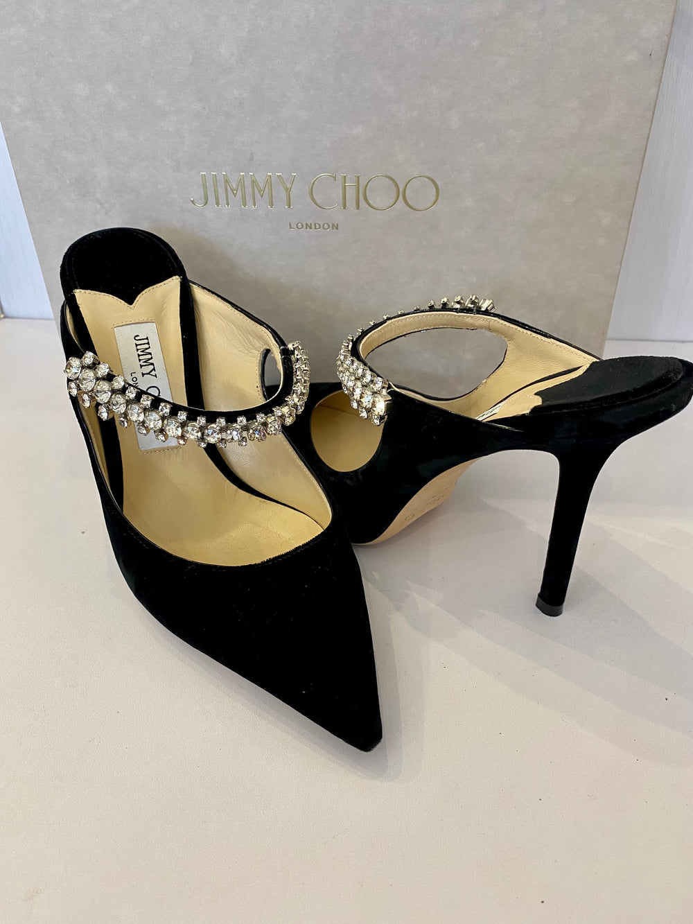 Pre Loved Jimmy Choo Bing 100 Black Velvet Crystal Heels  Size uk6