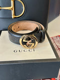 Pre Loved Gucci Black Guccissima leather belt with interlocking G buckle in gold  95cm