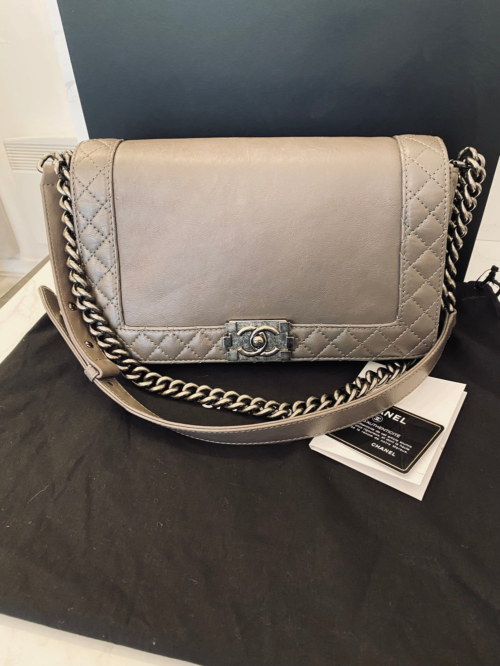 Pre Loved Chanel Medium Reverso Boy Bag in Grey Calf Leather