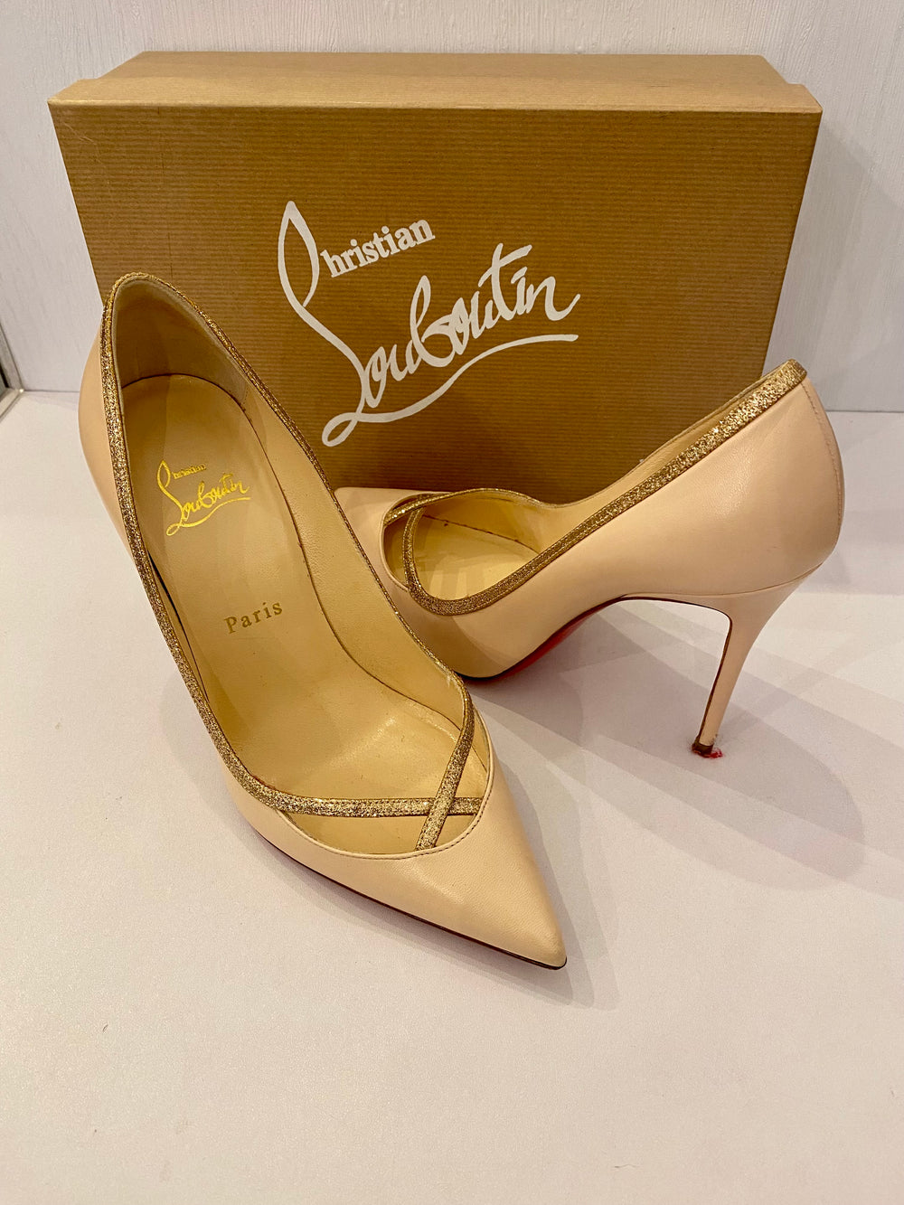 Pre Loved Christian Louboutin Glitter Princess 100 Heels  in Nude uk4.5