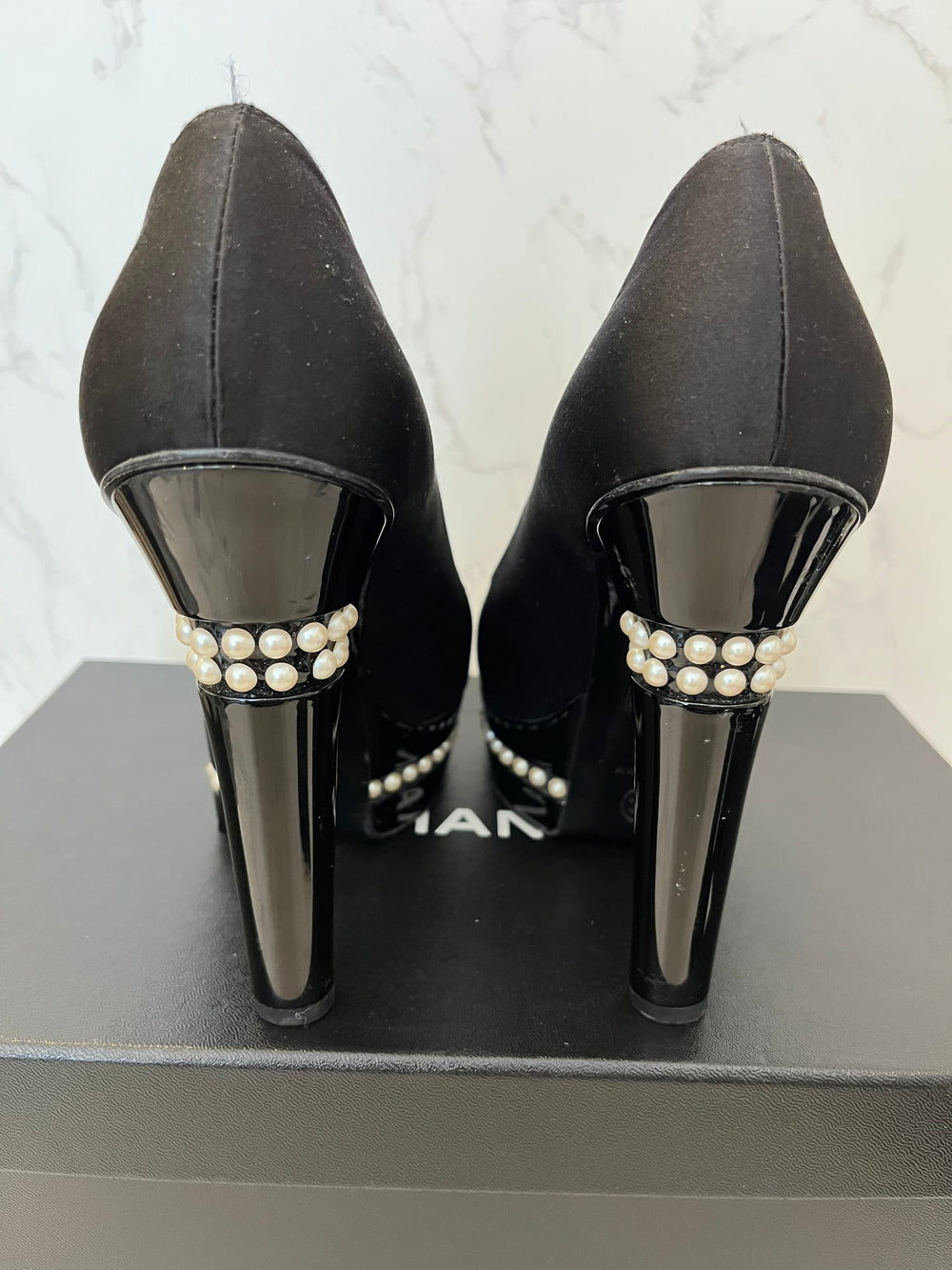 Pre Loved Chanel Black Satin & Patent Leather Heels Pearl Trim UK 5