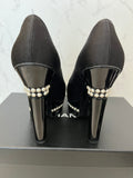 Pre Loved Chanel Black Satin & Patent Leather Heels Pearl Trim UK 5