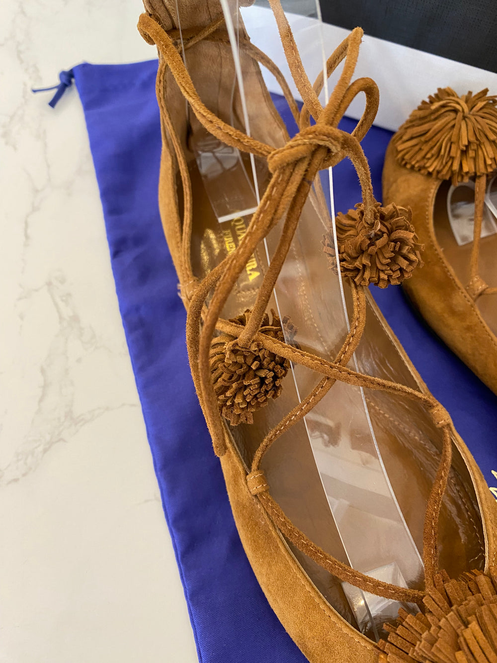 Pre Loved Aquazurra Sunshine Brown Suede Pom Pom Lace up Sandal/ Shoes UK4.5