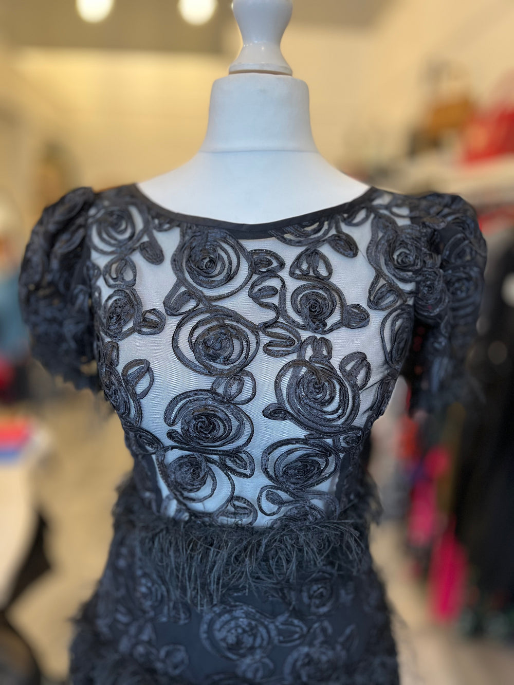 Pre Loved Spencer Railton Black Lace Ribbonwork & Feathers 2 Piece uk8-10