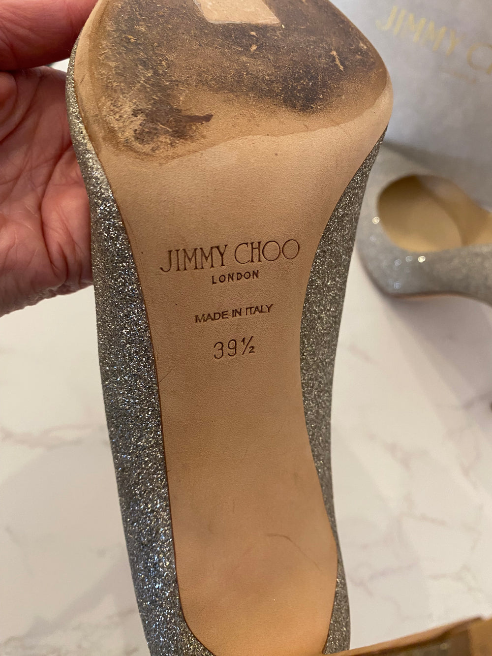 Pre Loved Jimmy Choo Romy 100 in Champagne Glitter uk6.5