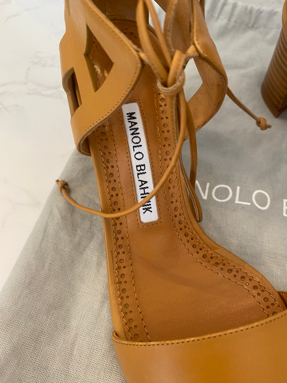 Pre Loved Manolo Blahnik Tan Cage Design Lace Tie Sandals UK4 - NEW