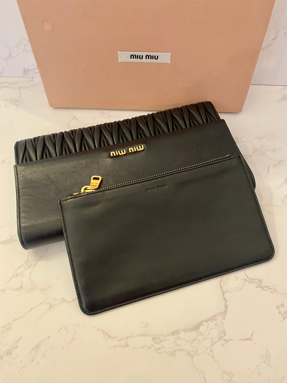 Pre Loved Miu Miu Black Matelasse Leather Flap Clutch Bag With Removable Pouch