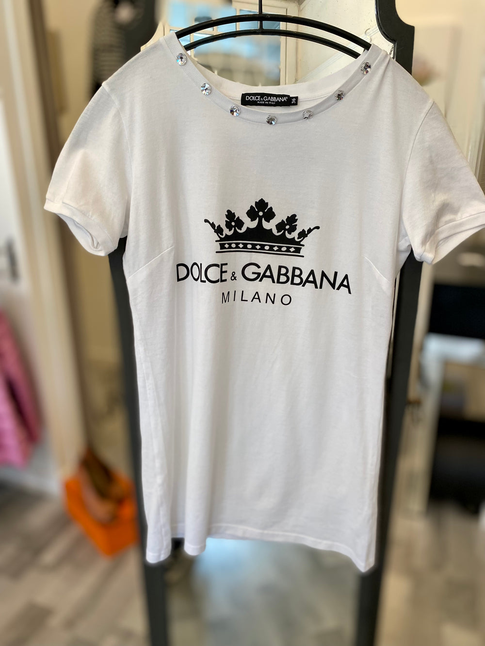 Dolce Gabbana White Rhinestone T Shirt size 36 fits uk6 Twice Loved Pre Loved Consignment Fashion