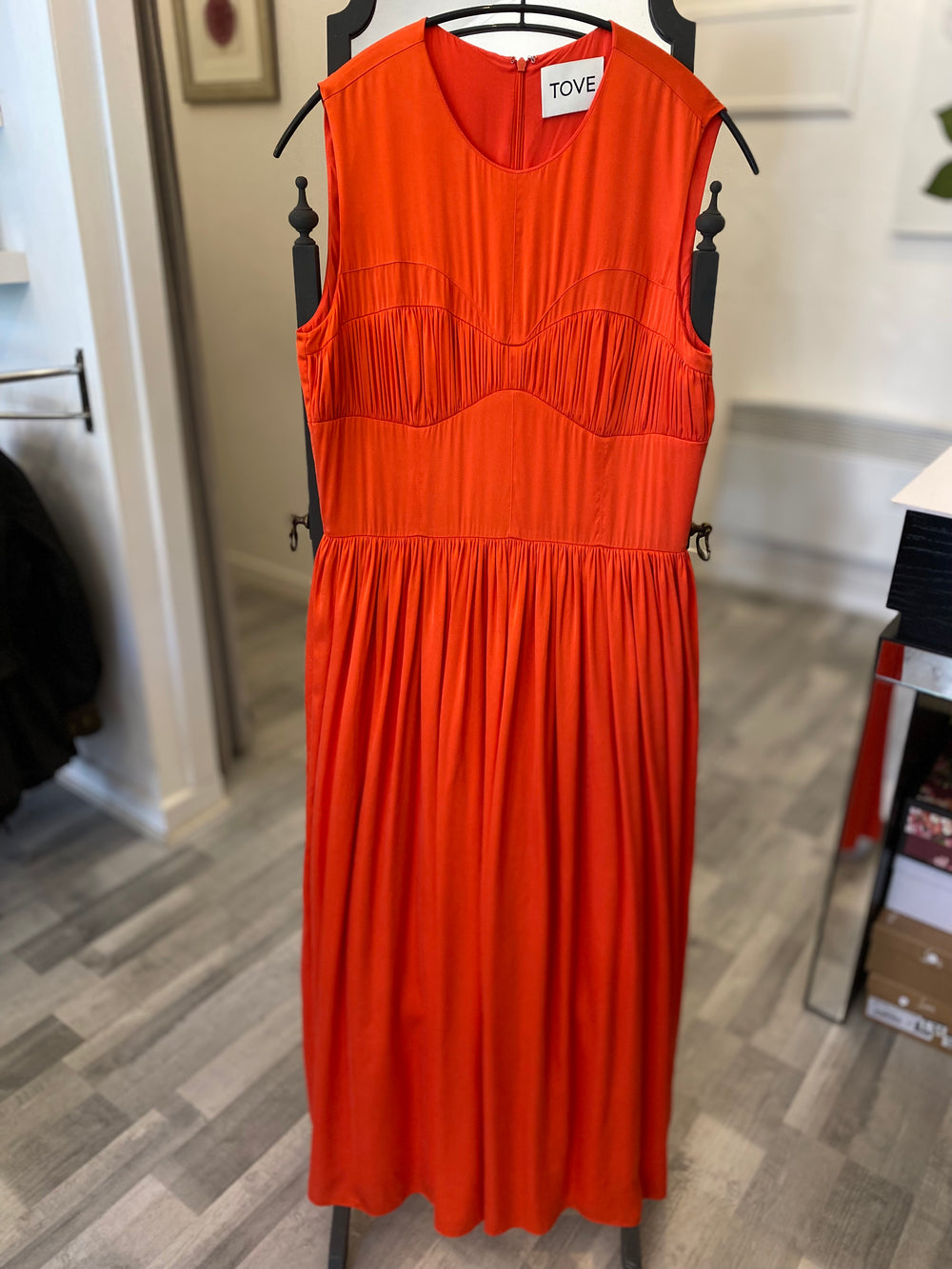 Tove Orange Gathered Demi Silk Blend Midi Dress  uk12 (excellent)