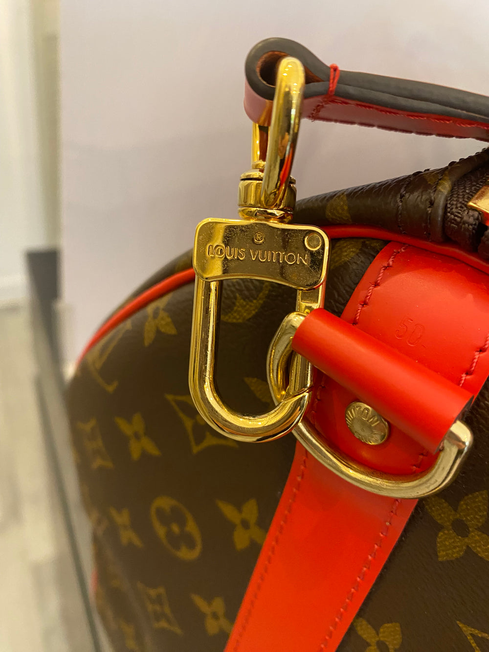 Pre Loved Louis Vuitton Monogram Keepall 50 With Red Leather Trim (excellent)