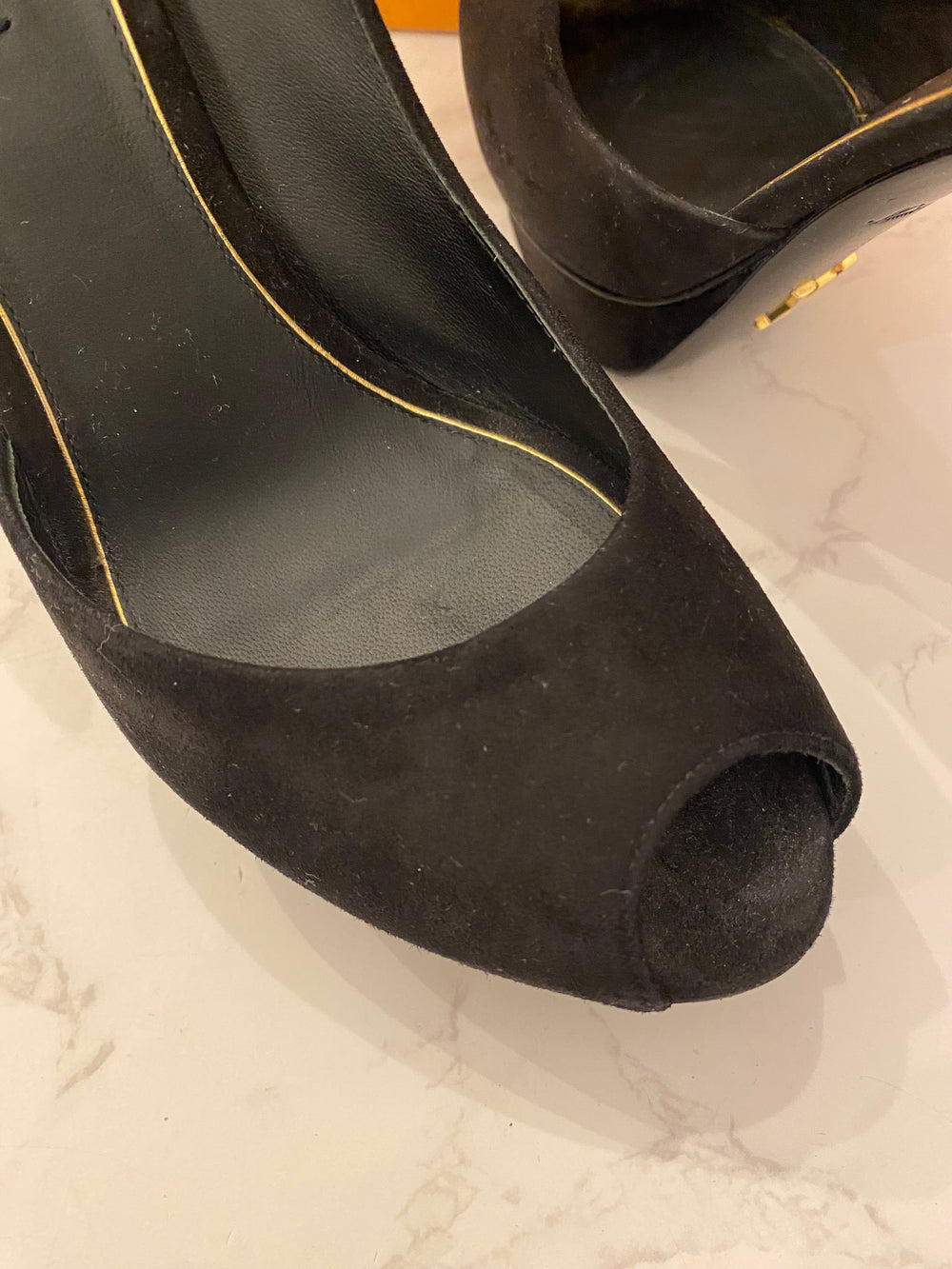 Pre Loved Louis Vuitton Black Suede Peep Toe Heels with Gold Tone Heels UK5
