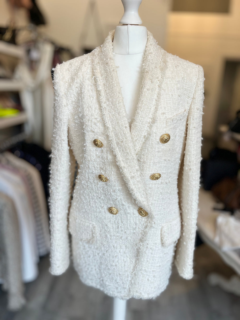 Pre Loved Balmain Double Breasted Cream Boucle Blazer size 40 fits UK 12