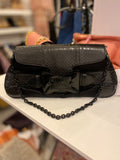 Pre Loved Gucci Vintage “Queen Bow” Clutch Bag in Black Leather & Satin with Chain