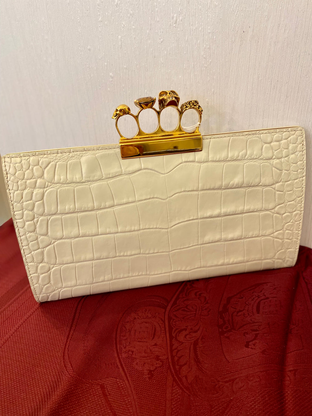 Pre Loved Alexander McQueen Jewelled Embossed Clutch in Cream (excellent )