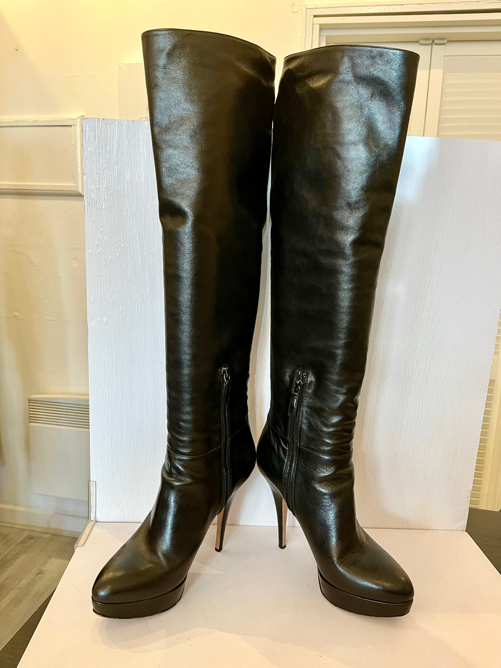 Prada Long Leather Platform High Heeled Boots Size 6