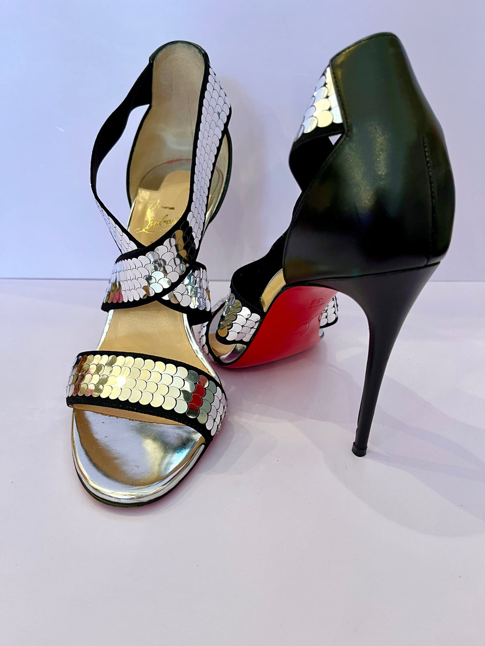 Pre Loved Christian Louboutin Silver & Black Sandals UK 6