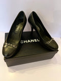 Chanel Black Leather Heels Silver Chain and CC Charm UK 5.5