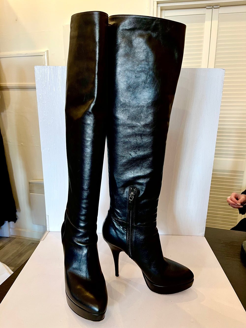 Prada Long Leather Platform High Heeled Boots Size 6