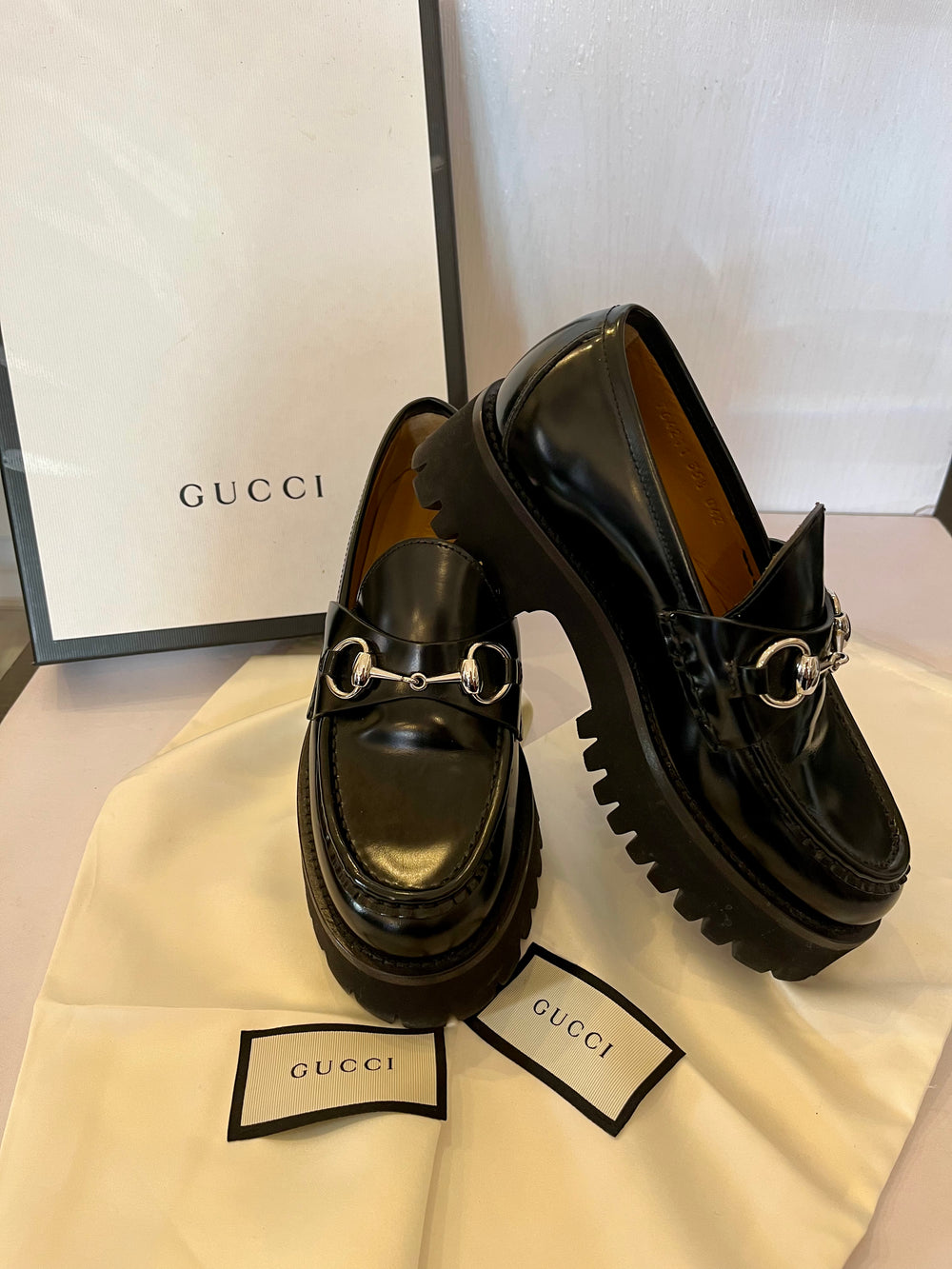 Gucci Black Leather Horsebit Platform Loafers Size 3 (As New)