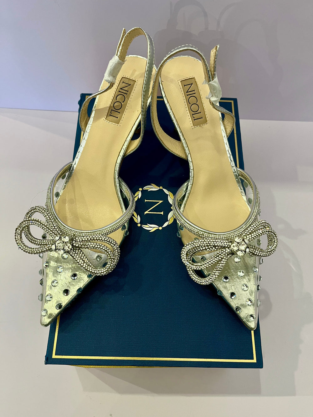 Pre-Loved Nicoli Double Bow Crystal Embellished Heeled Slingbacks UK 5 (New)