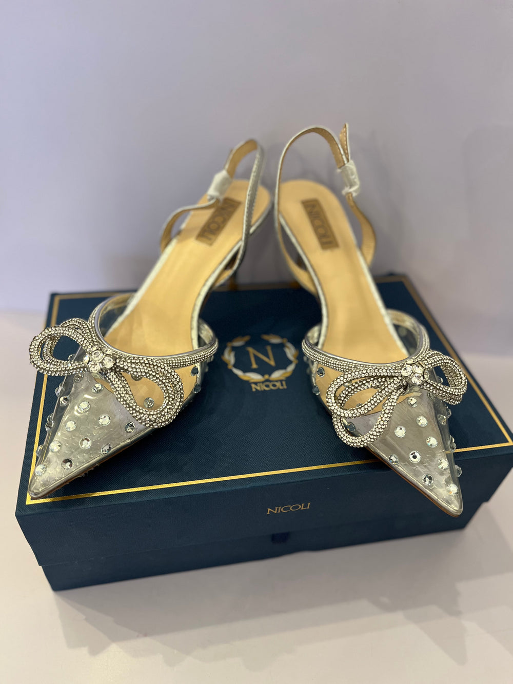 Pre-Loved Nicoli Double Bow Crystal Embellished Heeled Slingbacks UK 5 (New)