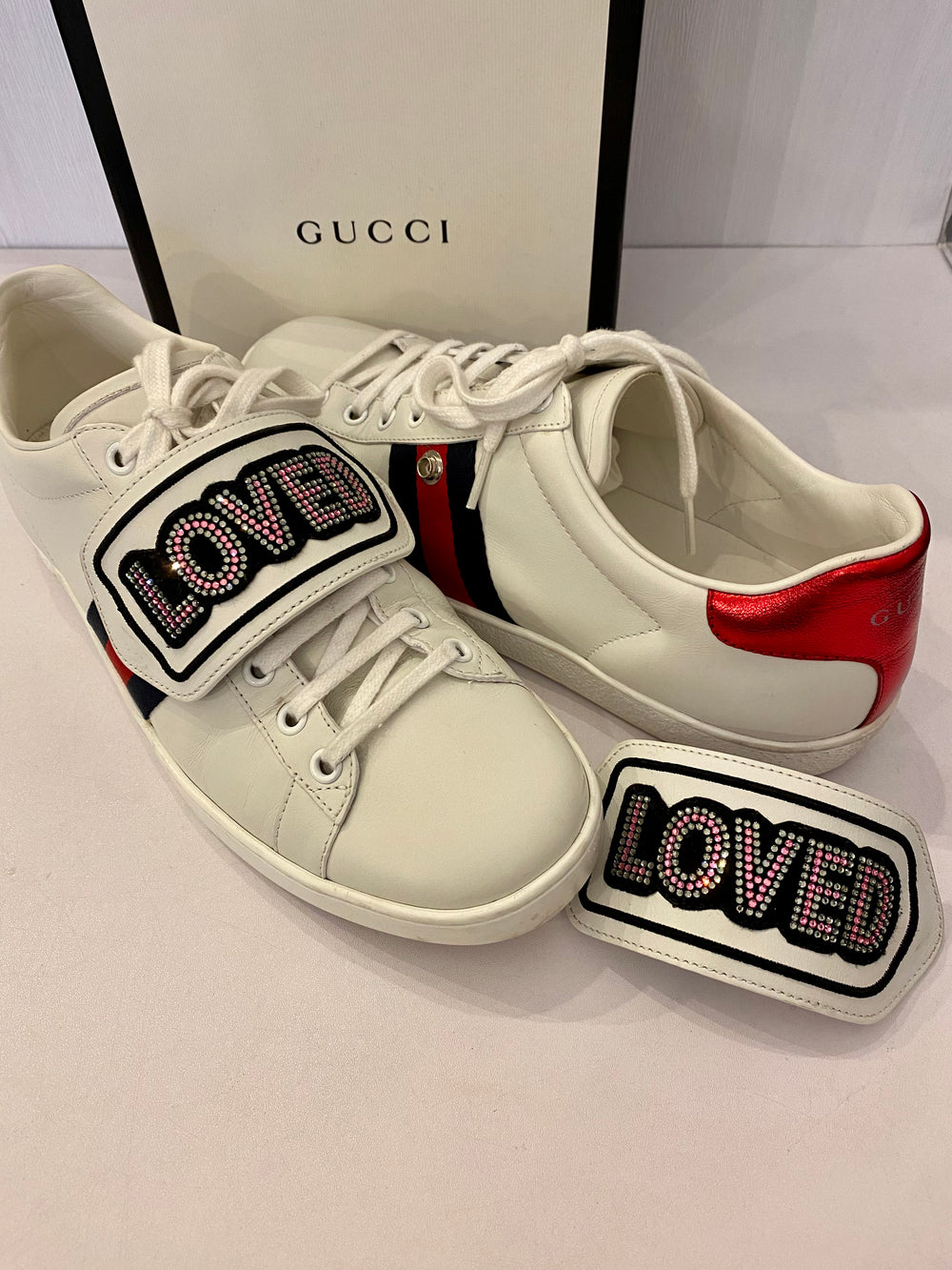Pre Loved Gucci Ace "LOVED" Embroidered Crystal Sneakers uk7