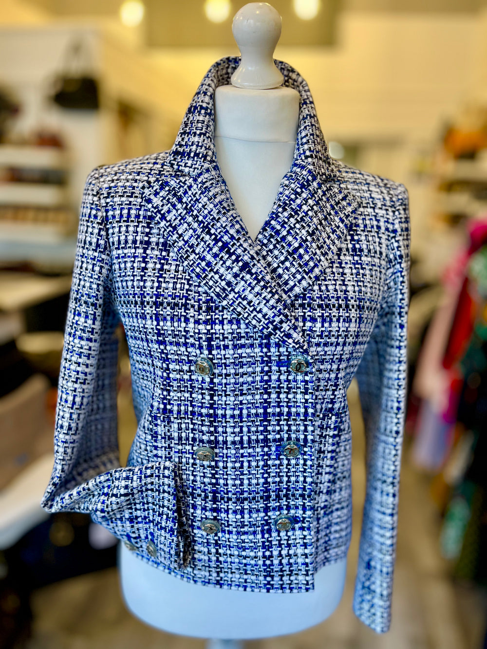 Pre Loved Chanel Blue & White Tweed Jacket (New) size 40 uk10-small uk12