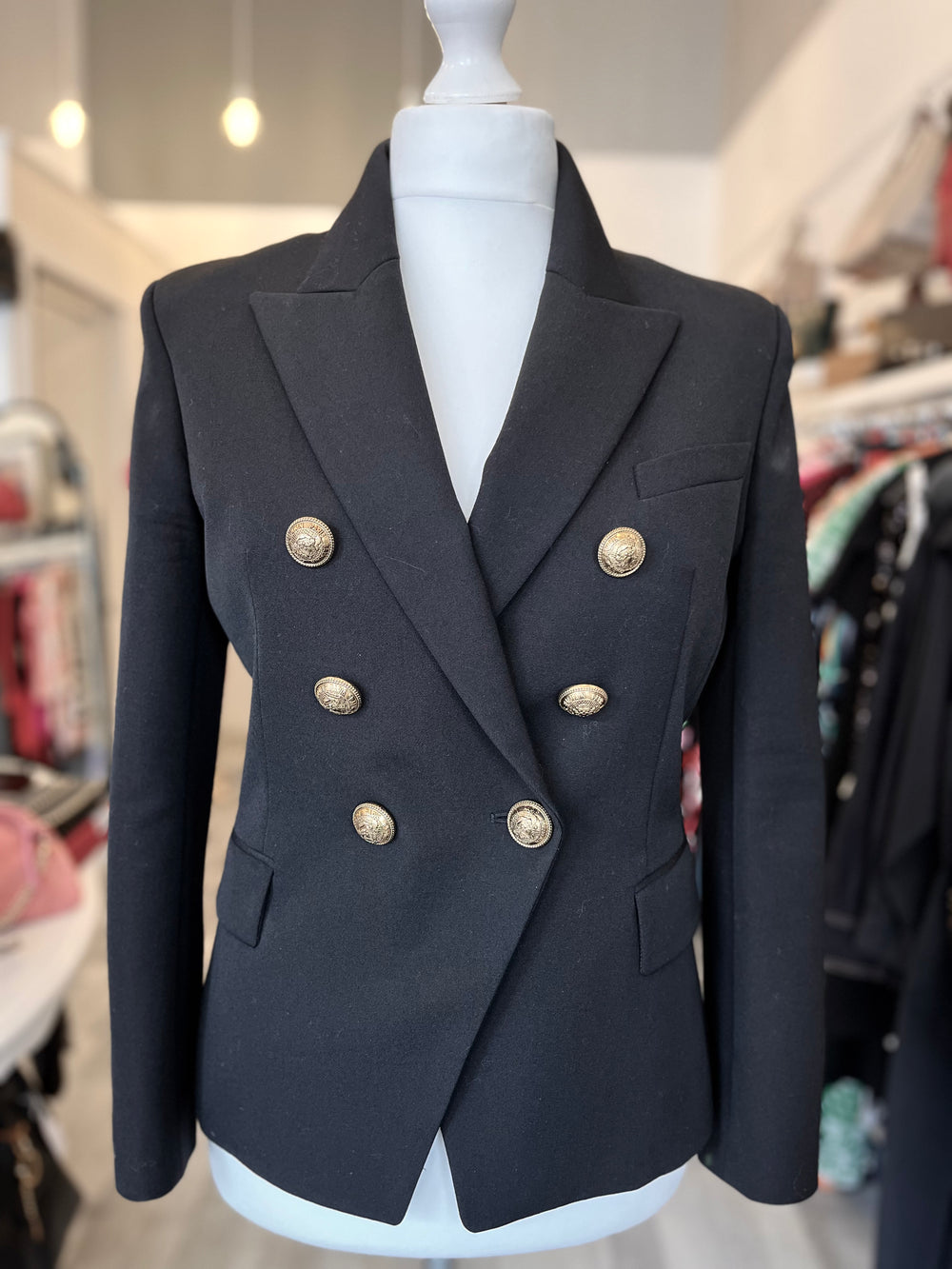 Pre Loved Balmain Double Breasted Black Wool Blazer size 42 fits uk12 (excellent)