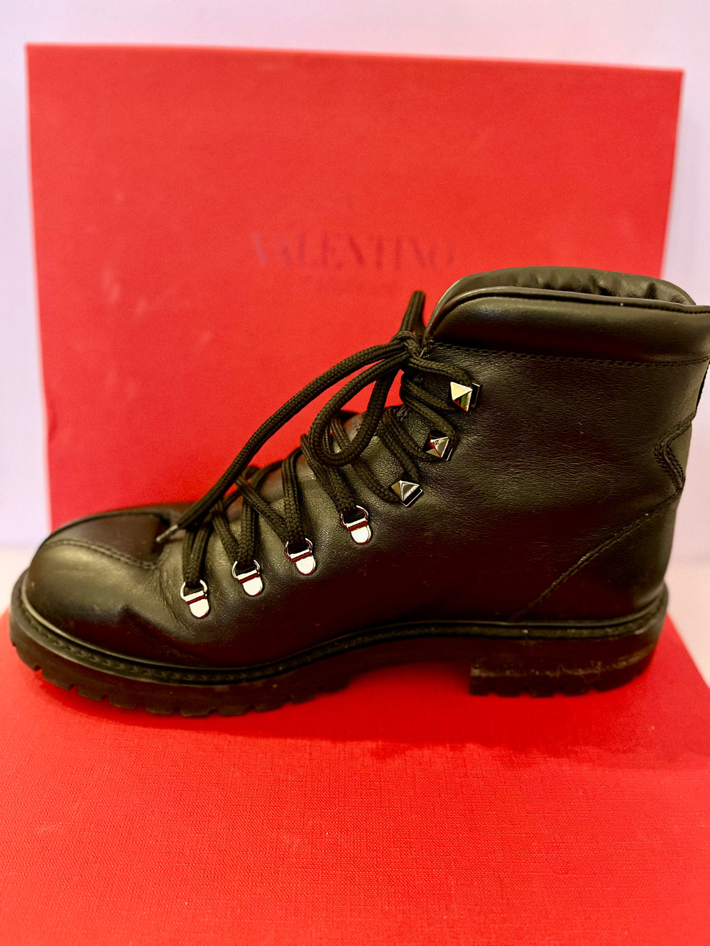 Pre Loved Valentino Black Leather Combat Boots  uk5.5