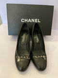 Chanel Black Leather Heels Silver Chain and CC Charm UK 5.5