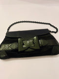 Pre Loved Gucci Vintage “Queen Bow” Clutch Bag in Black Leather & Satin with Chain