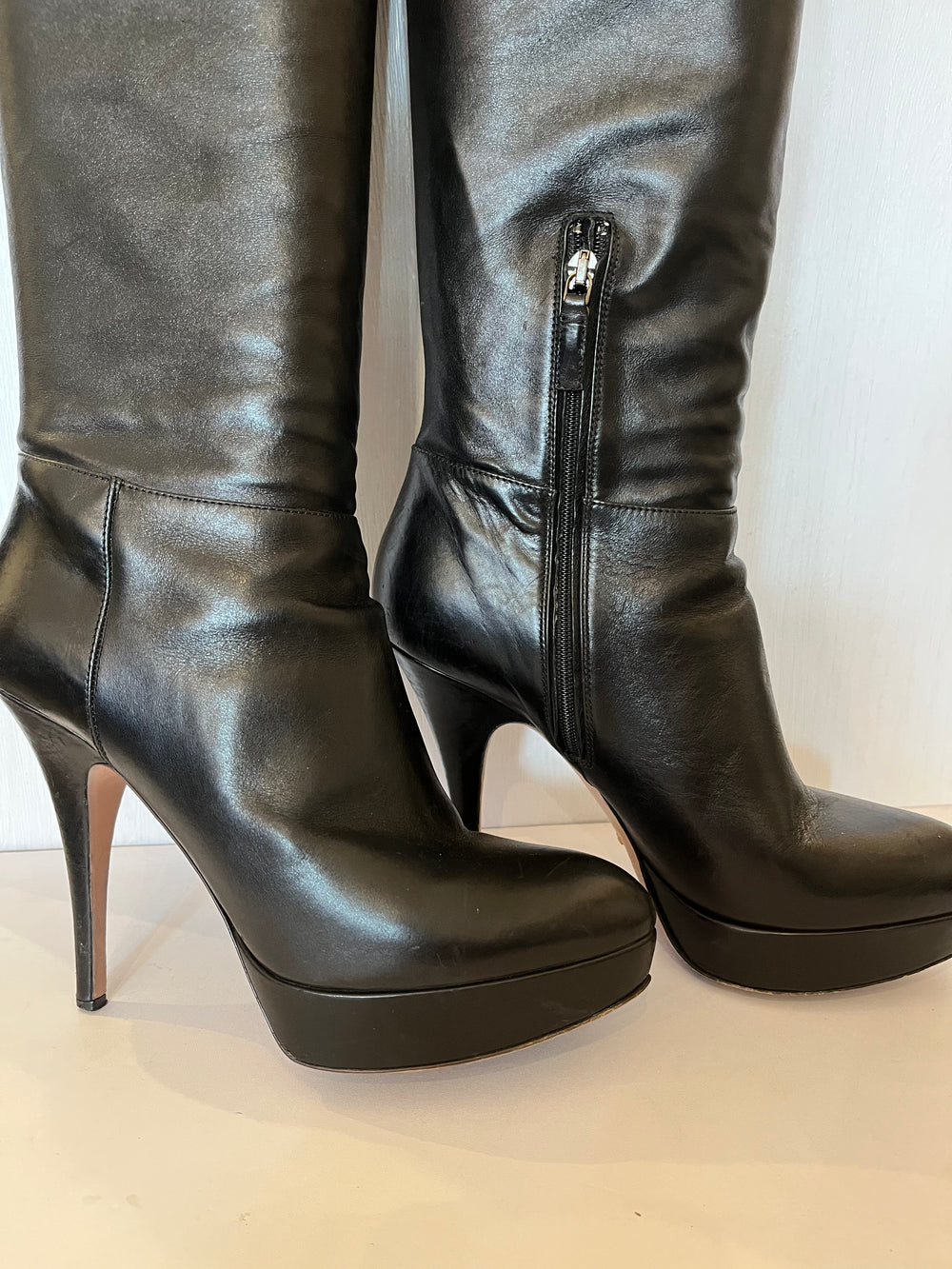 Prada Long Leather Platform High Heeled Boots Size 6