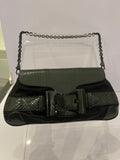 Pre Loved Gucci Vintage “Queen Bow” Clutch Bag in Black Leather & Satin with Chain