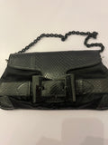 Pre Loved Gucci Vintage “Queen Bow” Clutch Bag in Black Leather & Satin with Chain