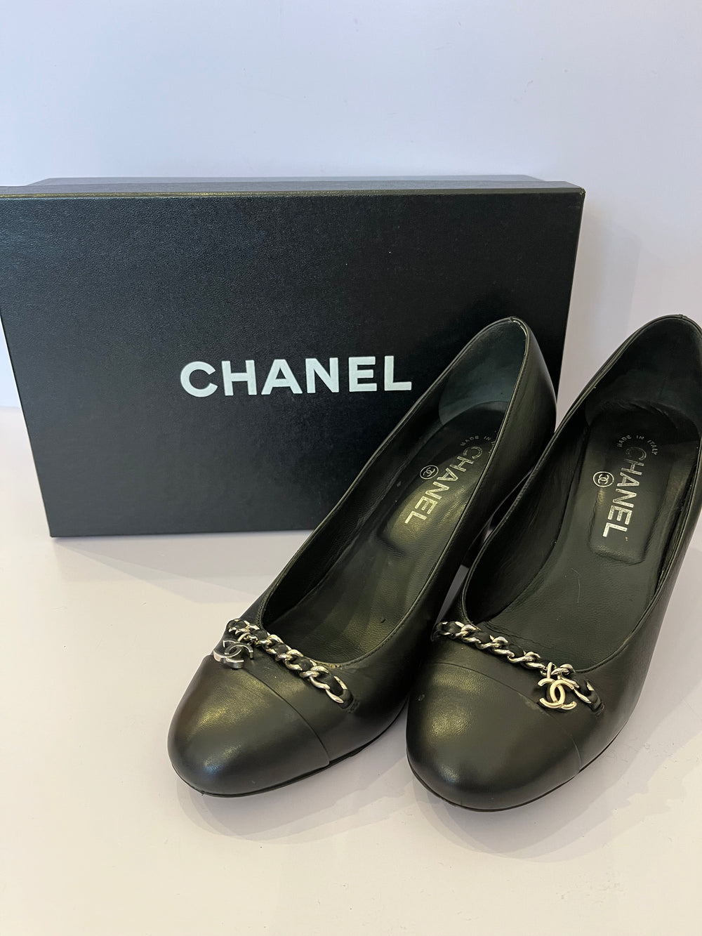 Chanel Black Leather Heels Silver Chain and CC Charm UK 5.5