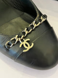 Chanel Black Leather Heels Silver Chain and CC Charm UK 5.5