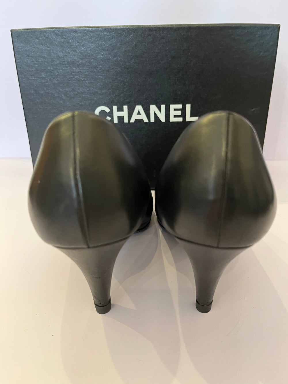 Chanel Black Leather Heels Silver Chain and CC Charm UK 5.5