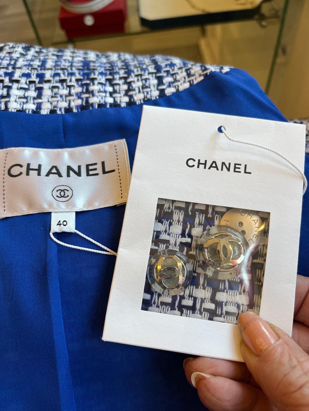 Pre Loved Chanel Blue & White Tweed Jacket (New) size 40 uk10-small uk12