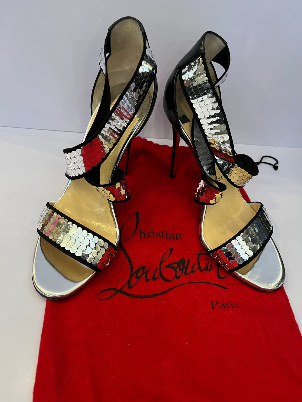 Pre Loved Christian Louboutin Silver & Black Sandals UK 6