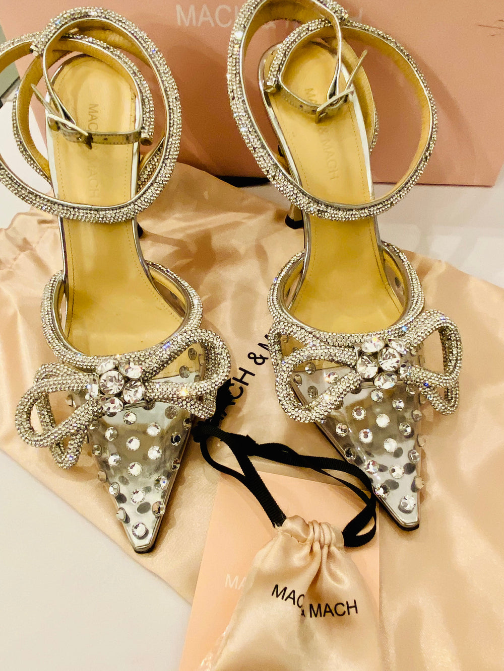 Mach and Mach Double Bow crystal embellished heeled sandals size uk4.5