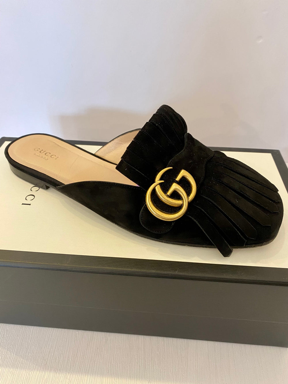 Gucci Marmont Black Suede Fringed Mule Loafers uk6
